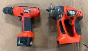 DESCRIPTION: 14.4V 1/2" CORDLESS JIG SAW AND 9.6V DRILL BRAND/MODEL: BLACK+DECKER INFORMATION: COULDN�T TEST - BATTERY DEAD QTY: 2