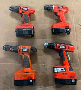 DESCRIPTION: (4) 18V CORDLESS DRILLS BRAND/MODEL: BLACK+DECKER INFORMATION: COULDN'T TEST - BATTERY DEAD QTY: 4