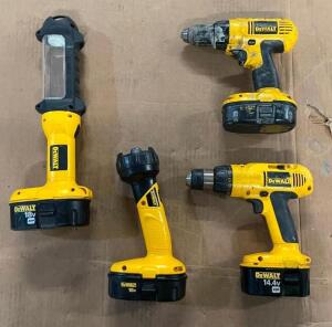 DESCRIPTION: (2) CORDLESS DRILLS AND (2) CORDLESS FLASHLIGHTS BRAND/MODEL: DEWALT INFORMATION: COULDN'T TEST - BATTERY DEAD QTY: 4