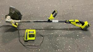 DESCRIPTION: 24V CORDLESS STRING TRIMMER WITH CHARGER BRAND/MODEL: RYOBI QTY: 1