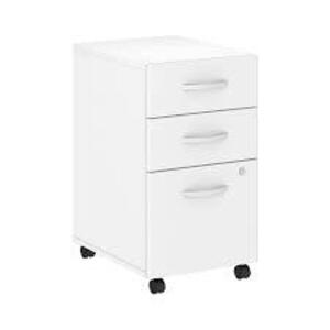 DESCRIPTION: (1) MOBILE 3 DRAWER MOBILE PEDESTAL BRAND/MODEL: BUSH BUSINESS FURNITURE #1809535 INFORMATION: WHITE RETAIL$: 453.99 SIZE: 26.61"H 20.16"