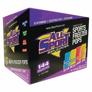 DESCRIPTION (1) CASE OF (144) FREEZER POPS BRAND/MODEL ALL SPORT #191N19 ADDITIONAL INFORMATION RETAILS FOR $61.00 SIZE BLUE RAZ, FRUIT PUNCH, LEMON-L