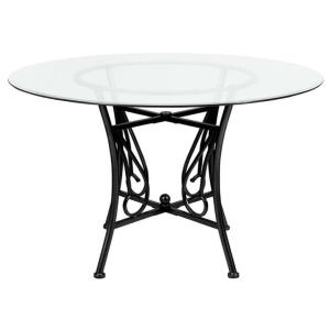 DESCRIPTION: (1) METAL BASE GLASS TOP DINING TABLE BRAND/MODEL: BIZ & HAUS INFORMATION: BLACK RETAIL$: 312 SIZE: 42"W 48"D 29"H QTY: 1