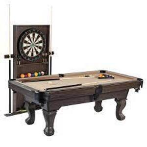 DESCRIPTION: (1) POOL TABLE WITH CUE RACK AND DARTBOARD BRAND/MODEL: BARRINGTON #BLL090_017B RETAIL$: 1000 SIZE: 90 IN BALL AND CLAW LEG QTY: 1