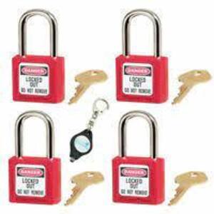 DESCRIPTION: (12) LOCKOUT PADLOCK BRAND/MODEL: MASTER LOCK/410MKW417REDLZ2 INFORMATION: RED/THERMOPLASTICS RETAIL$: 14.48 EACH SIZE: 1-1/2"SHACKLE H X