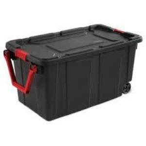 DESCRIPTION: (2) PLASTIC WHEELED INDUSTRIAL TOTE BRAND/MODEL: STERILITE #1469 INFORMATION: BLACK RETAIL$: $45.99 TOTAL SIZE: 40 GALLON QTY: 2