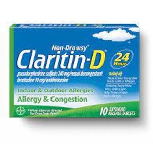 DESCRIPTION: (6) PACKS OF (10) ALLERGY AND CONGESTION TABLETS BRAND/MODEL: CLARITIN D RETAIL$: $10.00 EA QTY: 6