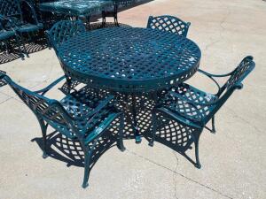 DESCRIPTION: 46" ROUND METAL PATIO TABLE W/ (4) CHAIRS SIZE 46" R LOCATION: PATIO QTY: 1