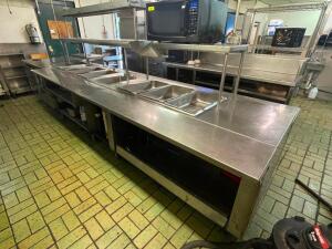 20' STAINLESS CHEFS LINE W/ 6 DROP IN WARMERS, (4) REFRIGERATED DRAWERS, AND RISER SHELF