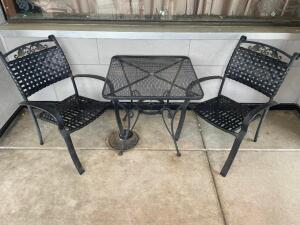 30" X 30" WROUGHT IRON PATIO TABLE W/ (2) CHAIRS