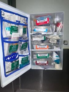 WALL MOUNTED FIRST AID KIT W/ CONTENTS.
