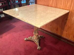 36" X 30" FAUX MARBLE DINING TABLE W/ CAST IRON DECORATIVE BASE