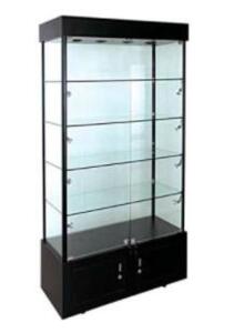 DESCRIPTION: (1) LIGHTED GLASS TOWER DISPLAY SHOWCASE BRAND/MODEL: GLOBAL INDUSTRIALS #T9FB1619977 INFORMATION: BLACK RETAIL$: 2156 EA SIZE: 40"w 18"D