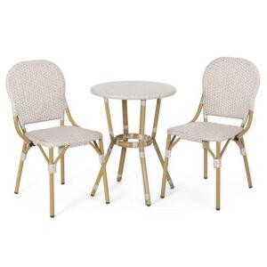 DESCRIPTION: (1) 3) PIECE OUTDOOR FRENCH BISTRO SET BRAND/MODEL: NOBLE HOUSE DOLA INFORMATION: LIGHT BROWN AND BAMBOO FINISH RETAIL$: 424.14 SIZE: 3 P