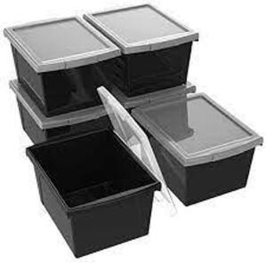 DESCRIPTION: (6) CLASSROOM STORAGE BIN WITH LID BRAND/MODEL: STOREX INFORMATION: BLACK RETAIL$: $50.00 TOTAL SIZE: 4 GALLONS QTY: 6