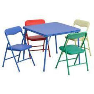 DESCRIPTION: (1) FOLDING TABLE & CHAIR SET BRAND/MODEL: FLASH FURNITURE/JB-9-KID-GG INFORMATION: MULTI COLOR RETAIL$: $199.99 EA QTY: 1