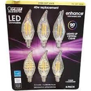 DESCRIPTION: (1) BOX OF (5) CHANDELIER BULBS. BRAND/MODEL: FEIT ELECTRIC RETAIL$: $1.98 EA SIZE: 40W REPLACEMENT QTY: 1