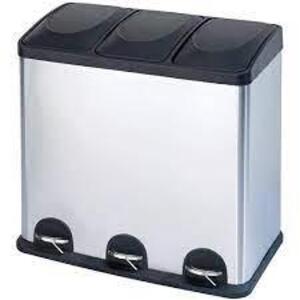 DESCRIPTION: (1) 3 COMPARTMENT TRASH AND RECYCLING BIN BRAND/MODEL: STEP N SORT #900603 INFORMATION: STAINLESS AND BLACK RETAIL$: $16.01 EA SIZE: 16 G