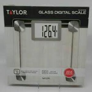 DESCRIPTION: (1) DIGITAL GLASS BATH SCALE BRAND/MODEL: TAYLOR INFORMATION: CLEAR RETAIL$: $30.00 EA SIZE: 440 LB CAP QTY: 1