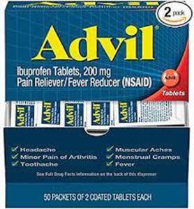 DESCRIPTION: (2) BOXES OF (50) PACKETS OF IBUPROFEN BRAND/MODEL: ADVIL RETAIL$: $15.00 EA SIZE: 200 MG QTY: 2