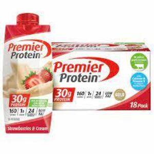 DESCRIPTION: (1) PACK OF (18) HIGH PROTEIN SHAKES BRAND/MODEL: PREMIER PROTEIN INFORMATION: STRAWBERRIES AND CREAM RETAIL$: $43.00 EA SIZE: 11 FL OZ Q