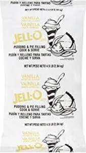 DESCRIPTION: (2) BAGS OF PUDDING AND PIE FILLING MIX BRAND/MODEL: JELLO INFORMATION: VANILLA RETAIL$: $40.00 EA SIZE: 4.5 LB QTY: 2