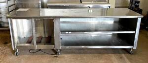 9' STAINLESS STEEL KITCHEN LINE WITH ELECTRIC HEATED SIDE ON CASTERS