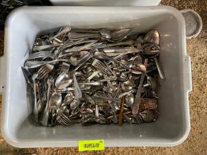 LARGE BIN OF STAINLESS UTENSILS