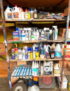 CONTENTS OF SHELVING UNIT (ASSORTED ADHESIVES, PAINT, LUBRICANTS AND CLEANING SUPPLIES AS SHOWN)