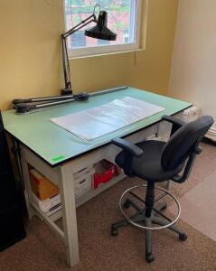 60" DRAFTING TABLE WITH MOUNTED LIGHT AND ROLLING STOOL