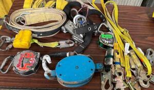 (1) LOT OF ASSORTED SHOCK CORD, STRAPS, AND FALL RESTRAINTS HARDWARE.