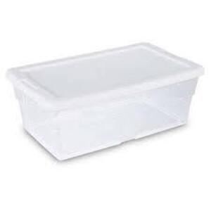 DESCRIPTION: (1) BOX OF (6) STORAGE BOXES WITH LID BRAND/MODEL: STERILITE #1851 / 53GN16 INFORMATION: CLEAR WITH WHITE LID RETAIL$: $2.53 EA SIZE: 6 Q