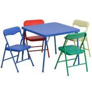 DESCRIPTION: (1) FOLDING TABLE & CHAIR SET BRAND/MODEL: FLASH FURNITURE/JB-9-KID-GG INFORMATION: MULTI COLOR RETAIL$: $199.99 EA QTY: 1