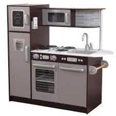 DESCRIPTION: (1) UPTOWN PLAY KITCHEN BRAND/MODEL: KIDKRAFT/53388 INFORMATION: ESPRESSO & SILVER/30-PIECES RETAIL$: 199.99 SIZE: 43"L X 17.75"W X 41"H