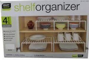 DESCRIPTION: (1) BOX OF (4) SHELF ORGANIZERS BRAND/MODEL: SMART DESIGN #1439962 INFORMATION: WHITE RETAIL$: 34.99 QTY: 1