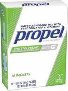 DESCRIPTION: (6) BOXES OF (10) PACKS OF SPORTS DRINK MIX BRAND/MODEL: PROPEL #403U28 INFORMATION: KIWI STRAWBERRY RETAIL$: $9.00 EA SIZE: .6 OZ QTY: 6