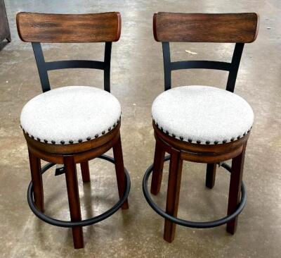 (2) UPHOLSTERED SWIVEL VALEBACK BAR STOOLS