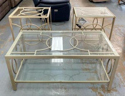 GLASS TOP COFFEE TABLE WITH (2) END TABLES