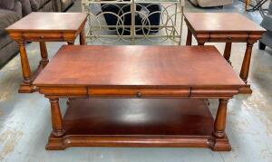 WOODEN COFFEE TABLE WITH DRAWER WITH (2) END TABLES WITH DRAWERS