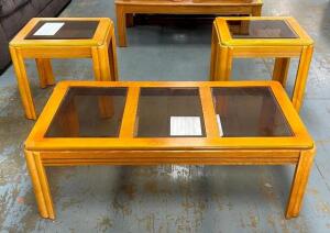 WOODEN GLASS TOP COFFEE TABLE WITH (2) END TABLES