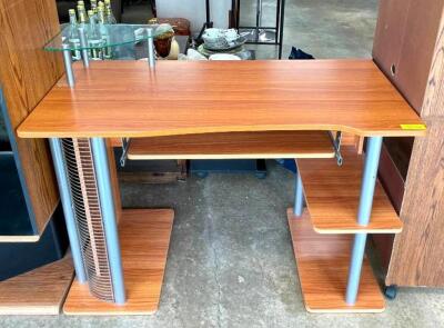 OFFICE DESK WITH KEYBOARD TRAY, CD RACK AND GLASS RISER