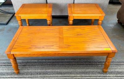 WOODEN COFFEE TABLE WITH (2) END TABLES