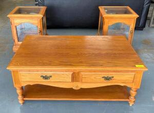 WOODEN END TABLE WITH 2-DRAWERS AND (2) END TABLES WITH GLASS TOP AND DOORS