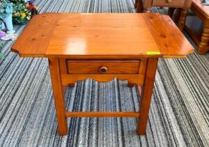 WOODEN END TABLE WITH DROP LEAVES AND DRAWER