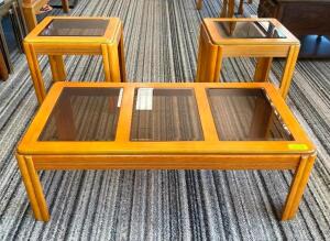 WOODEN GLASS TOP COFFEE TABLE WITH (2) END TABLES