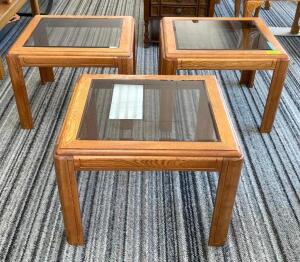 (3) WOODEN END TABLES WITH GLASS TOPS