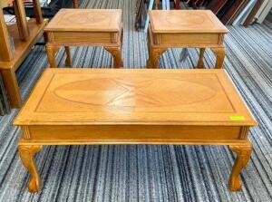 WOODEN COFFEE TABLE WITH (2) END TABLES