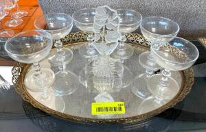 MIRROR TRAY WITH (6) GLASSES AND DECORATIVE BOTTLE