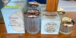 SILVERPLATE AND CRYSTAL CANISTER JAR AND POWDER BOX