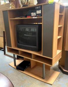 MEDIA CONSOLE WITH TV AND VHS TAPES